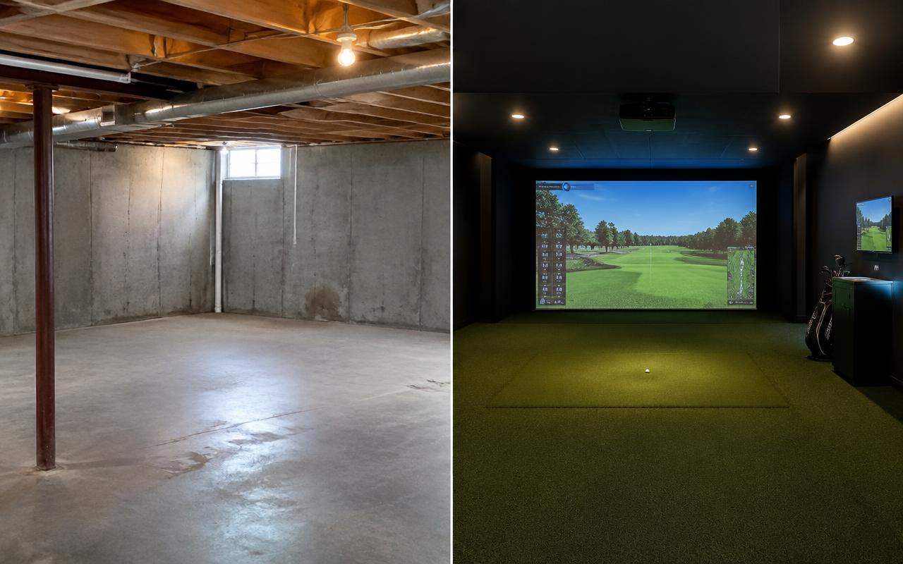 Unfinished basement transformed into a golf simulator