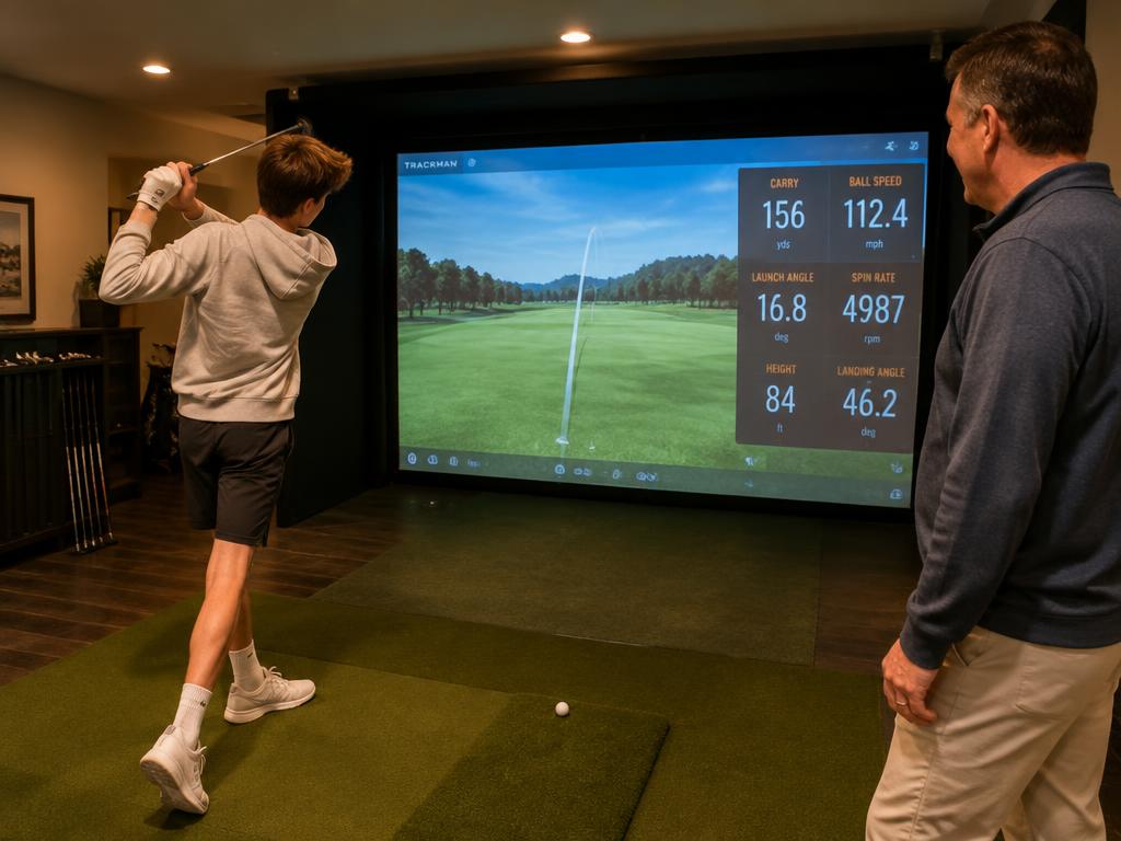 Father and son playing on a home golf simulator