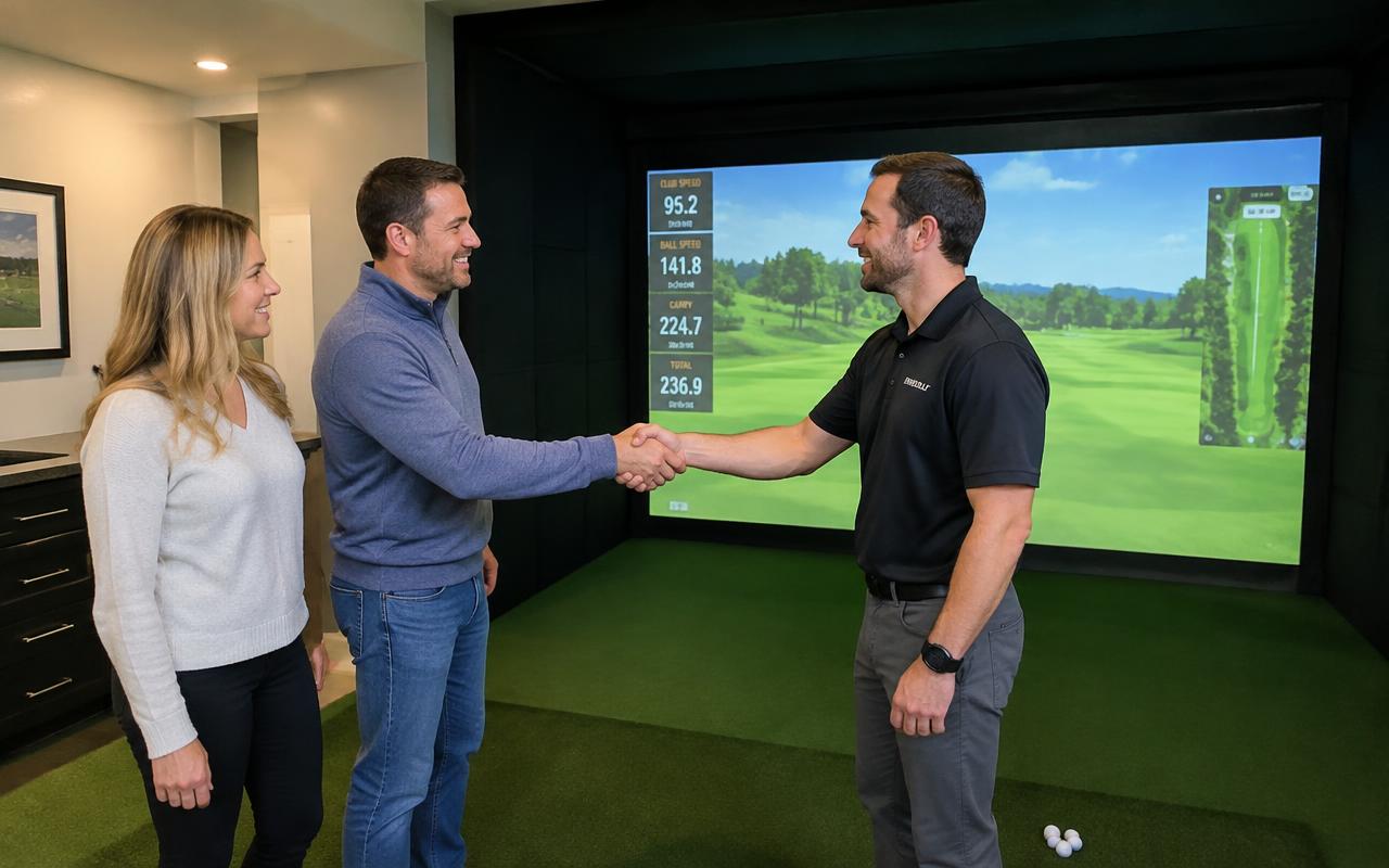 Homeowners with installer in their new simulator room