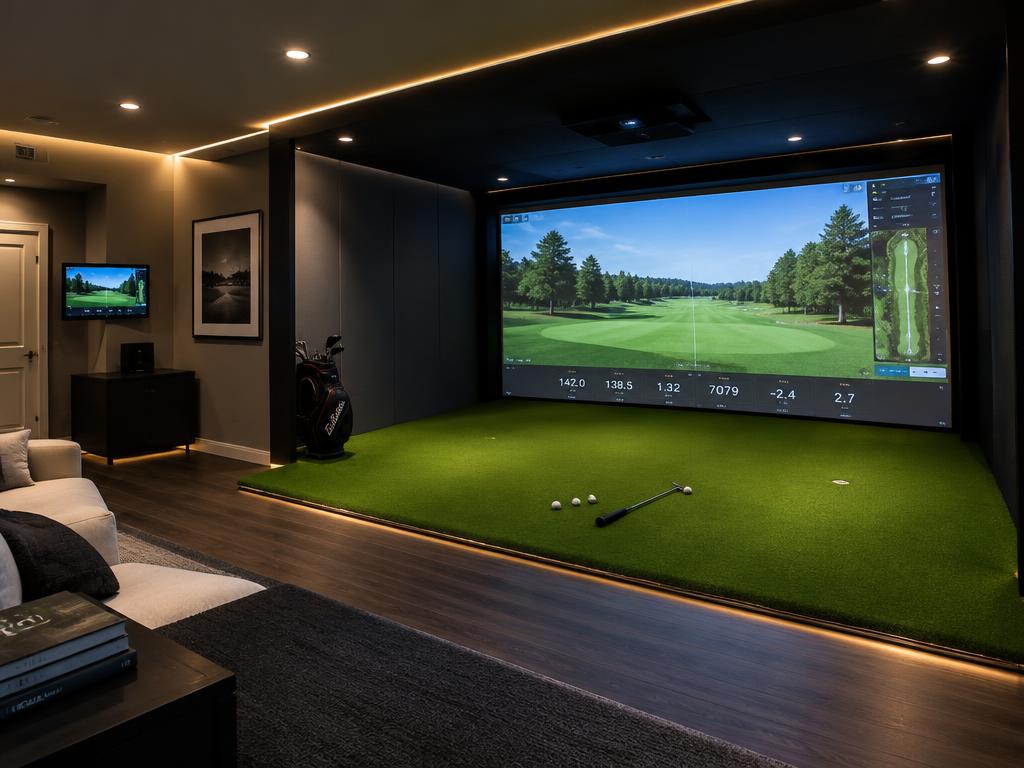 Golf simulator with built-in putting green